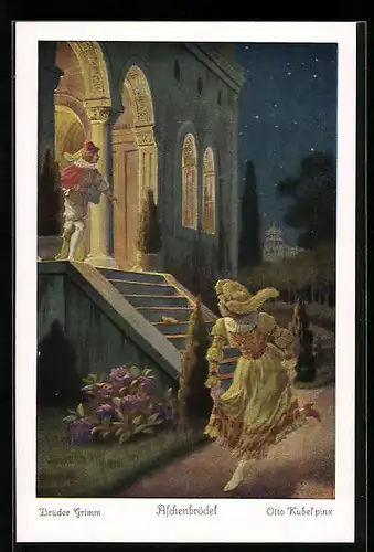 Künstler-AK Otto Kubel: Aschenputtel verlässt das Fest, läuft vor dem Prinzen davon