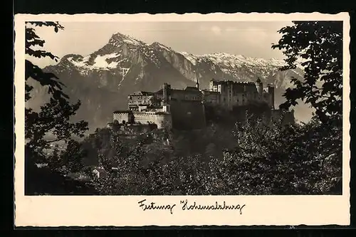 AK Salzburg, Festung Hohensalzburg mit Bergpanorama