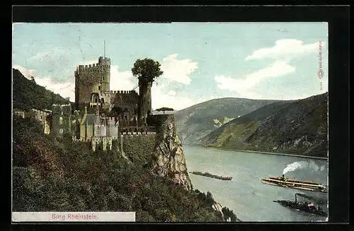 AK Trechtingshausen, Burg Rheinstein mit Rhein und Schiffen