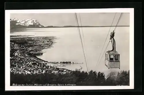 AK Bregenz, Ortsansicht mit Seilbahn, Säntis und Altmann