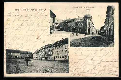 AK Münchenbernsdorf, Postamt und Breite Strasse, Markt
