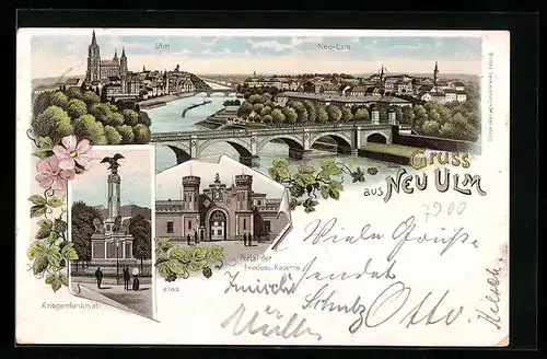 Lithographie Neu-Ulm, Panorama, Kriegerdenkmal, Friedens-Kaserne