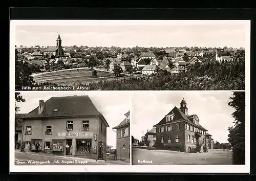 AK Reichenbach /Albtal, Ortspanorama, Warengeschäft Steppe, Rathaus