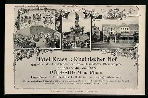 AK Rüdesheim /Rh., Hotel Krass / Rheinischer Hof C. Jordan mit Weinkeller, Niederwald-Denkmal, Wappen