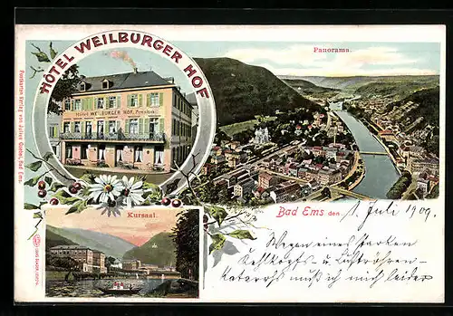 AK Bad Ems, Panorama aus der Vogelschau, Kursaal, Hotel Weilburger Hof
