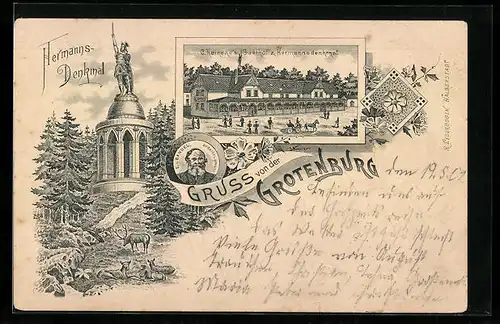 Lithographie Detmold, Gasthof zum Hermannsdenkmal mit Strasse, Denkmal mit Hirschen, Portrait E. von Bandel