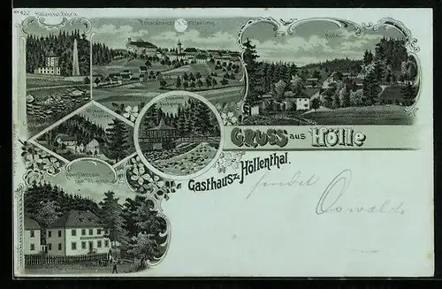 Mondschein-Lithographie Hölle, Gesamtansicht, Totalansicht v. Lichtenberg, Adams Gasthaus zum Höllenthal