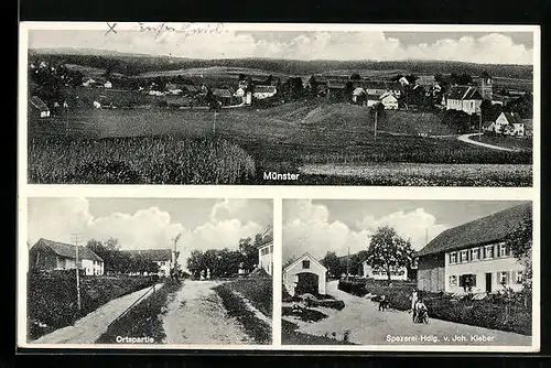 AK Münster b. Schwabmünchen, Gesamtansicht, Ortspartie, Spezerei-Handlung Joh. Kleber