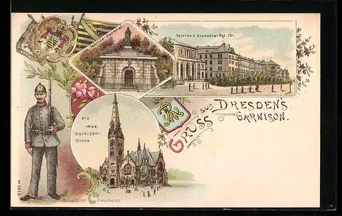 Lithographie Dresden-Neustadt, Kaserne des Grenadier-Rgt. 101, Fabrice-Denkmal, Neue Garnisonkirche, Wappen