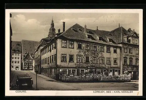AK Coburg, Gasthaus Loreley K. Nössler mit Terrasse und Strasse