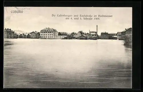 AK Coburg, Überschwemmte Callenberger- und Raststrasse im Hochwasser 1909, mit Häuser-Panorama