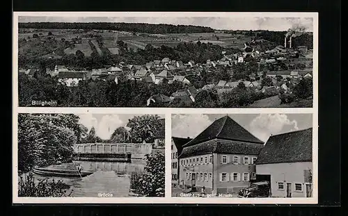 AK Billigheim, Gesamtansicht aus der Vogelschau, Brücke, Gasthaus zum goldenen Hirsch W. Walter