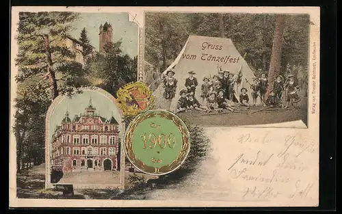 AK Kaufbeuren, Tänzelfest 1900, Kinder in Festkleidung vor einem Zelt, Burg