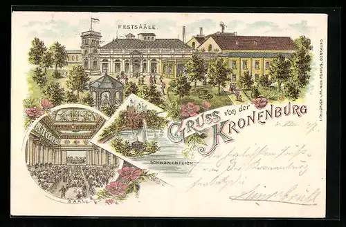 Lithographie Dortmund, Gasthaus Kronenburg mit Festsälen und Garten