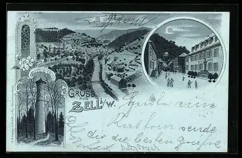 Mondschein-Lithographie Zell i. W., Gesamtansicht aus der Vogelschau, Mohrthurm, Strassenpartie