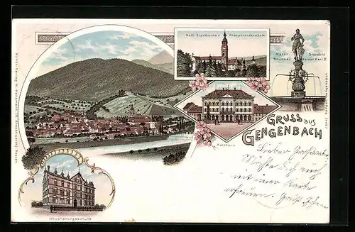 Lithographie Gengenbach, Gesamtansicht mit Fluss und Bergen, Kath. Kirche und Präparandenschule