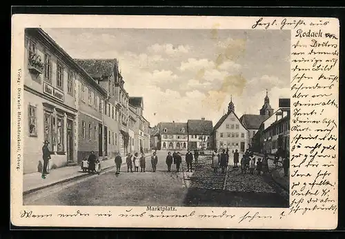 AK Rodach, Marktplatz mit Geschäft und Kindern