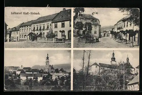 AK Stadt-Steinach, Strassenpartie mit Apotheke und Brunnen, Kirche, Ortspartie