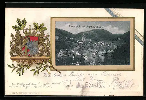 Passepartout-Lithographie Berneck im Fichtelgebirge, Teilansicht, Wappen