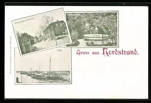 AK Nordstrand, Marcussen`s Gasthof, Gartenpartie, Hafen