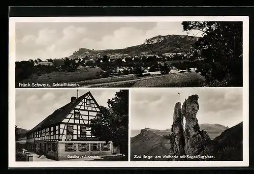 AK Schlaifhausen /Fränkische Schweiz, Gasthaus J. Kroder, Zwillinge am Walberle mit Segelflugplatz, Teilansicht