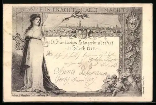 Künstler-AK Fürth, IX. Fränkisches Sängerbundesfest 1898, Teilansicht, Frau mit Leier