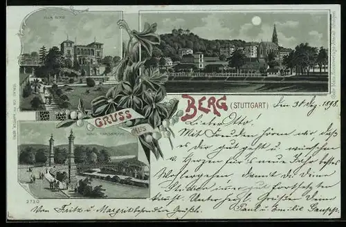 Mondschein-Lithographie Stuttgart-Berg, Ortspartie mit Kirche, Villa Berg, König Karlsbrücke