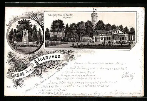Lithographie Stuttgart, Gasthaus Jägerhaus und Aussichtsturm auf dem Hasenberg, Hauff-Denkmal
