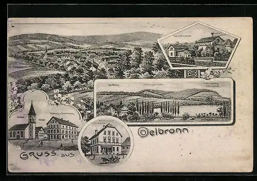 Lithographie Oelbronn, Ortsansicht, Bahnhof, Kirche, Rathaus u. Schulhaus