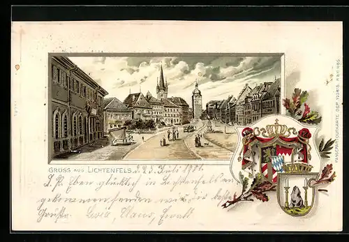 Passepartout-Lithographie Lichtenfels, Strassenpartie mit Turm und Denkmal, Wappen