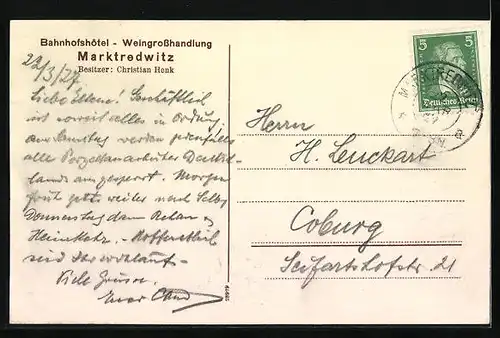 AK Marktredwitz, Bahnhofshôtel und Weingrosshandlung von Christian Henk