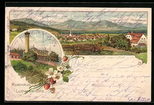 Lithographie Lauf, Hotel Kurhaus auf der Ludwigshöhe, Panorama