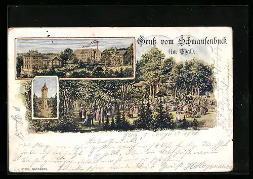 Lithographie Nürnberg, Gasthof Schmausenbuck mit Garten