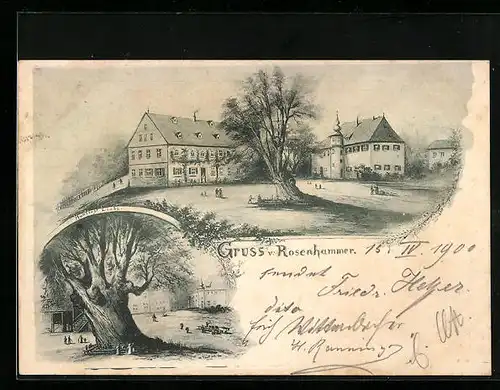 Lithographie Rosenhammer, Ortsansicht mit Huntings Linde