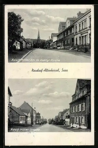 AK Neudorf-Altenkessel /Saar, Strasse mit evangl. Kirche