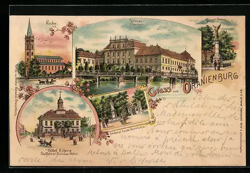 Lithographie Oranienburg, Hotel Eilers, Krieger-Denkmal, Kirche