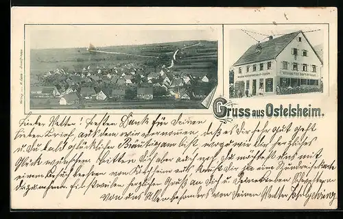 AK Ostelsheim, Metzgerei und Gasthaus J. Gehring, Ortsansicht