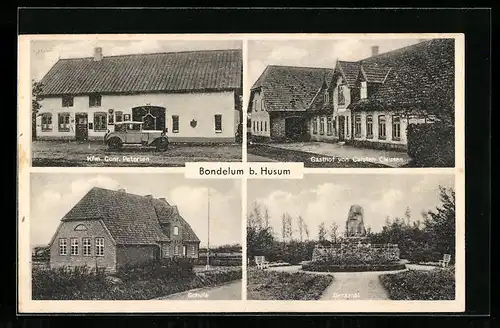 AK Bondelum bei Husum, Kaufmann Petersen, Gasthof Clausen, Auto, Schule