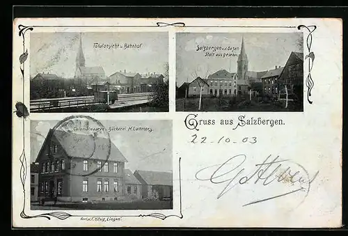 AK Salzbergen, Teilansicht mit Bahnhof, Colonialwaren und Bäckerei H. Lammers