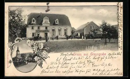 AK Grossgrabe / Schwepnitz, Gasthof, davor eine Kutsche, Kirche