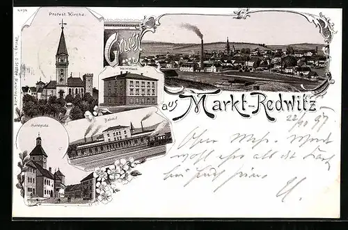 Lithographie Markt-Redwitz, Bahnhof von der Gleisseite, Protest. Kirche, Waisenhaus