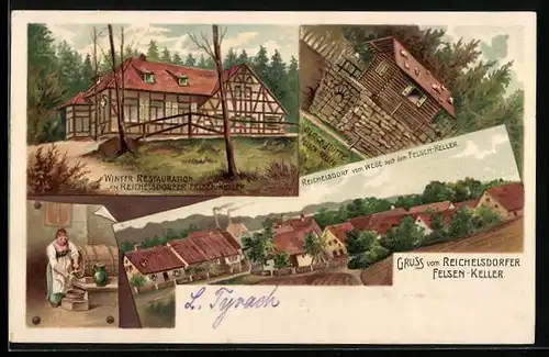 Lithographie Reichelsdorf, Winter-Restaurant Reichelsdorfer Felsenkeller, Blockhütte Felsen-Keller, Bierstempel