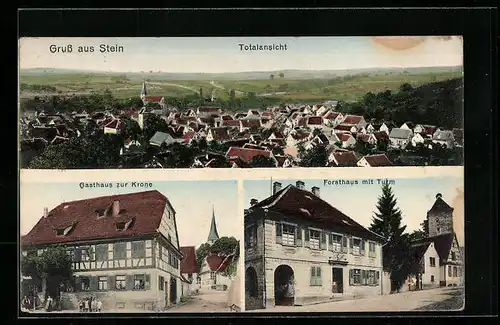 AK Stein / Bretten, Gasthaus zur Krone, Forsthaus mit Turm, Totalansicht