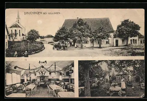 AK Dauchingen bei Villingen, Strassenpartie am Gasthaus Germania mit Kirche