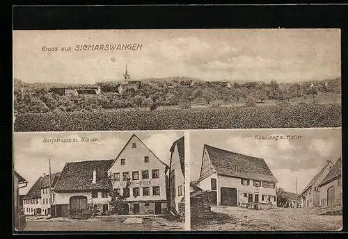 AK Sigmarswangen, Handlung von Haller, Dorfstrasse mit Gasthaus zum Ochsen und Schule