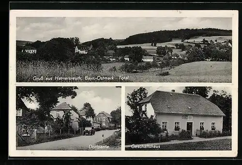 AK Heinersreuth i. Bayr.-Ostmark, Totalansicht mit Dorfpartie und Geschäftshaus