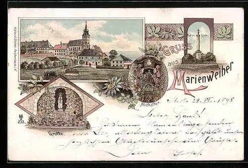 Lithographie Marienweiher, Grotte, Hochaltar, Marien-Säule, Blick zur Kirche