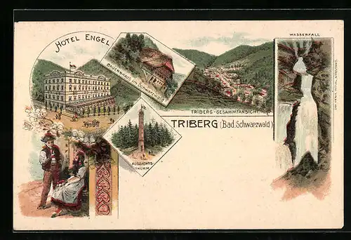 Lithographie Triberg i. Bad. Schwarzwald, Hotel Engel, Gesamtansicht, Wasserfall