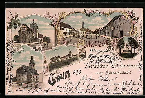 Lithographie Allstedt, Markt, Dom, Kirche, Schloss, Kriegerdenkmal