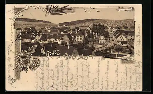 Lithographie Adelsheim, Ortsansicht aus der Vogelschau, Florale Elemente